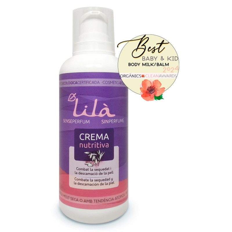 Crema nutritiva corporal sin perfume Lilà  Cosmètics 400 ml.