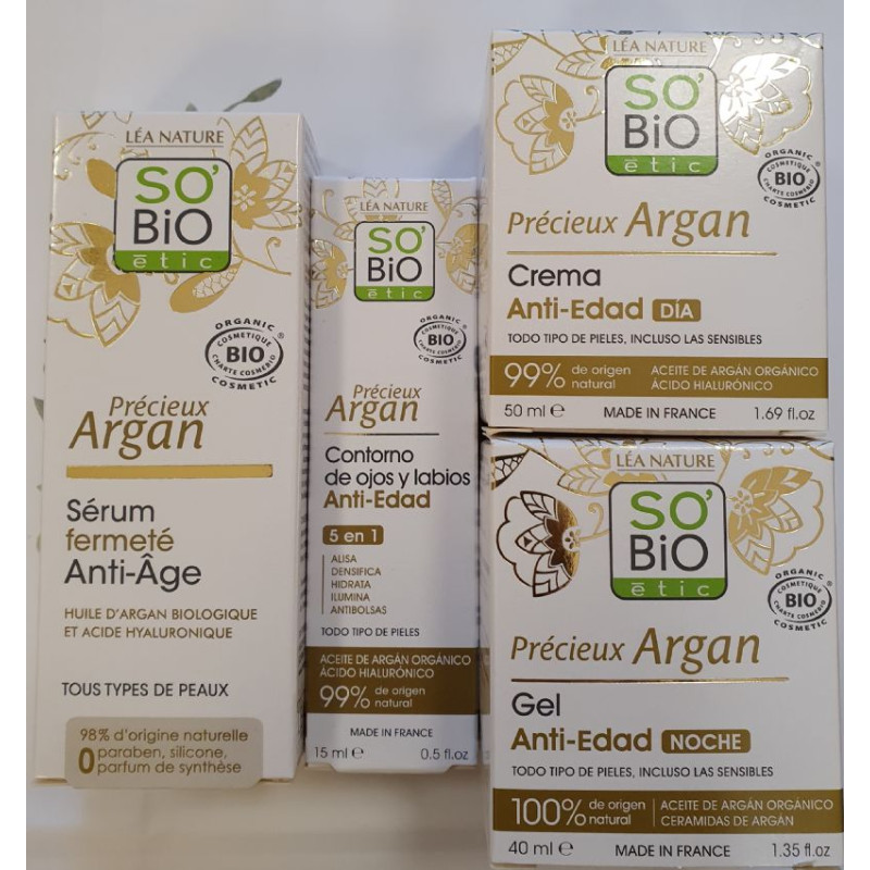 Pack antiedad argán y ácido hialurónico So Bio (4 productos)