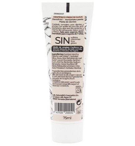 Dentífrico frescor suave aloe vera & coco NaturaBIO 75 ml.