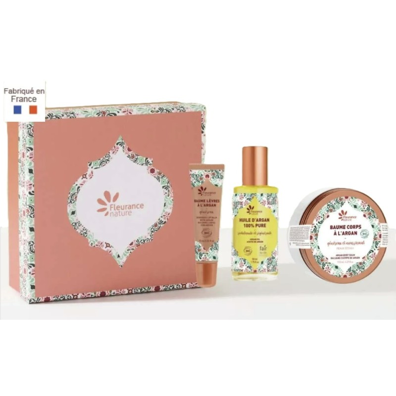 Cofre Argán: Aceite+ Bálsamo labial + Bálsamo cuerpo Fleurance