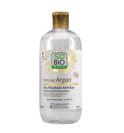 Agua micelar argán y ácido hialurónico So Bio 500 ml.